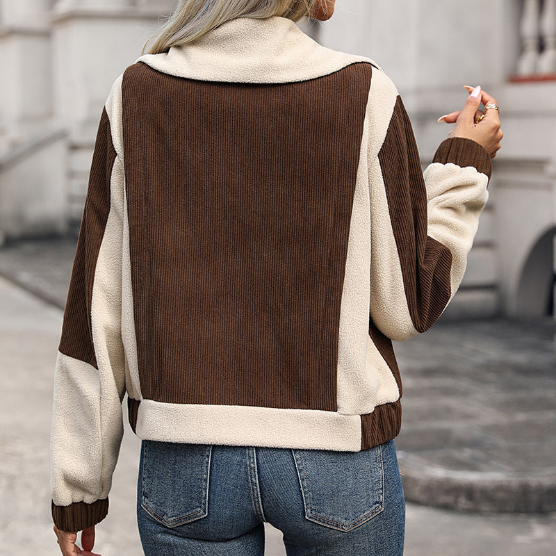 Damen Oversize-Fleecejacke mit Cord-Einsätzen, Stehkragen und Druckknopf-Taschen Shop Nory