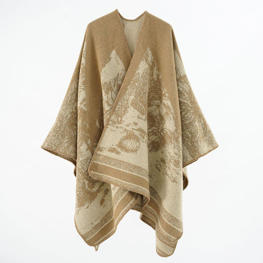 Damen Capeponcho aus Wollmix mit zweifarbiger Jacquardstruktur und Zierstichrand Shop Nory