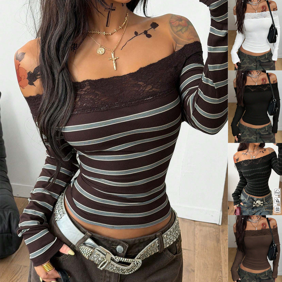Damen Figurbetontes schulterfreies Rippstrick-Top mit Spitzenbesatz Shop Nory
