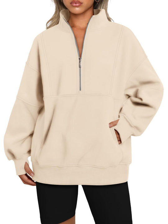 Damen Oversize-Sweatshirt mit halbem Reißverschluss, Stehkragen und Kängurutasche Shop Nory