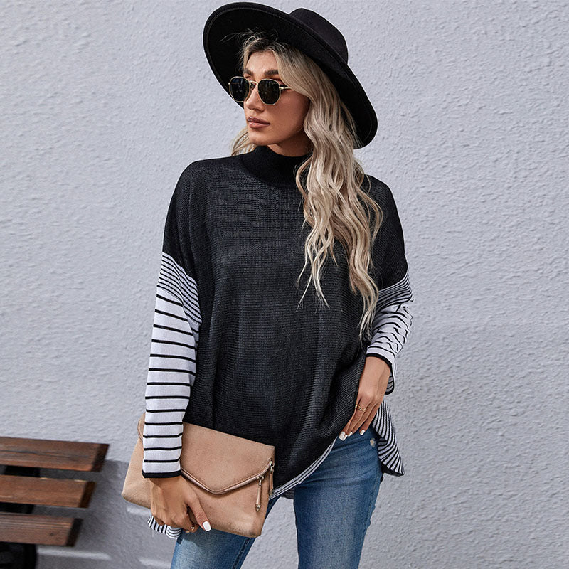 Damen Oversize Strickpullover mit Stehkragen und gestreiften Raglanärmeln Shop Nory