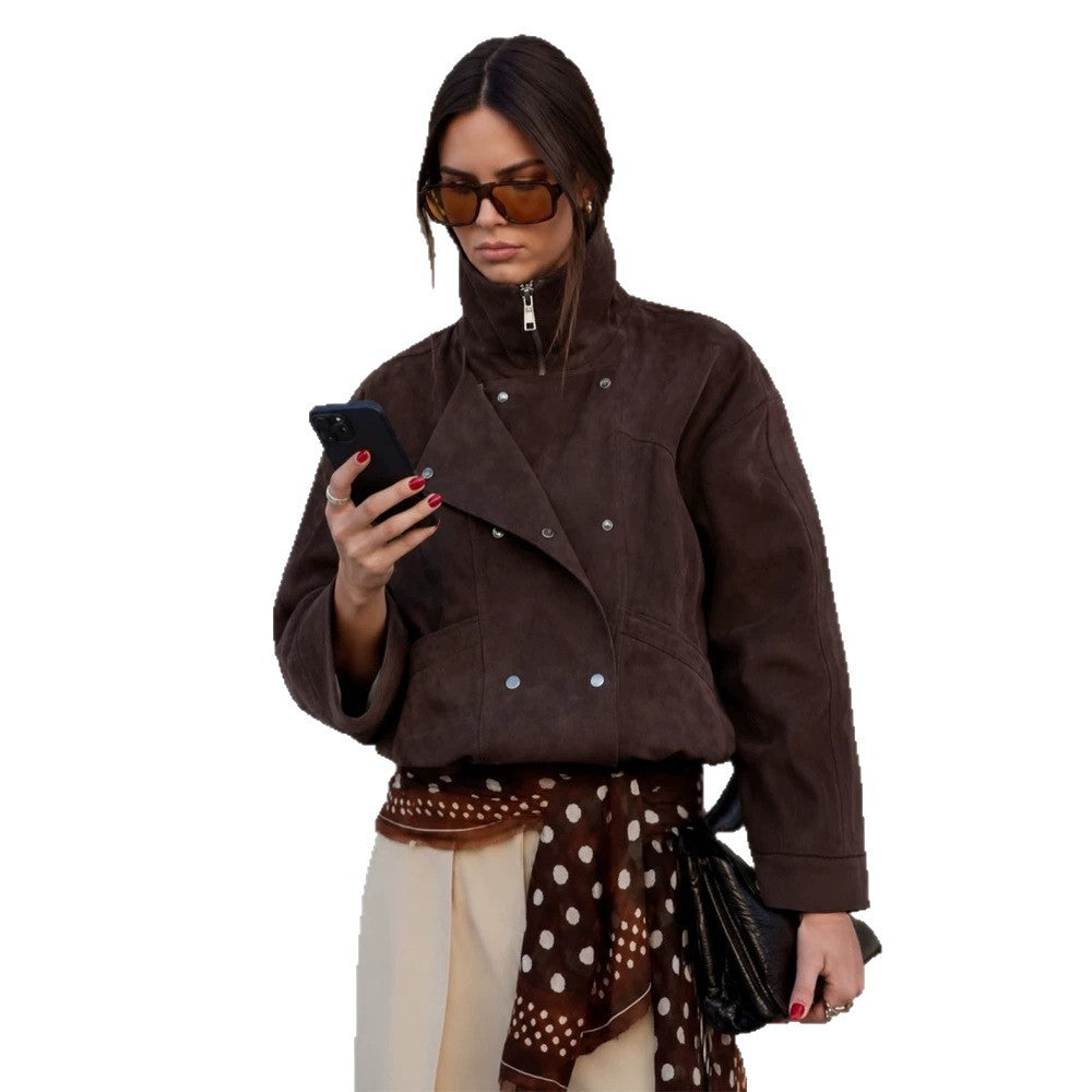 Damen Kurz-Bomberjacke aus Veloursleder mit hohem Stehkragen und kastiger Silhouette Shop Nory