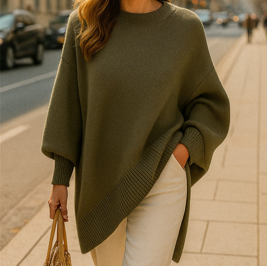 Damen Oversize Longline Feinstrick-Pullover mit Raglanärmeln und geripptem Saum Shop Nory