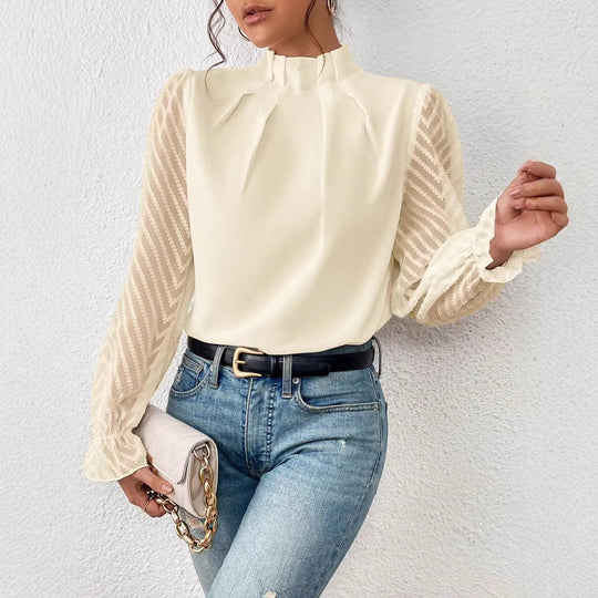 Damen Taillierte Chiffonbluse mit Stehkragen und transparenten Chevron-Ärmeln Shop Nory