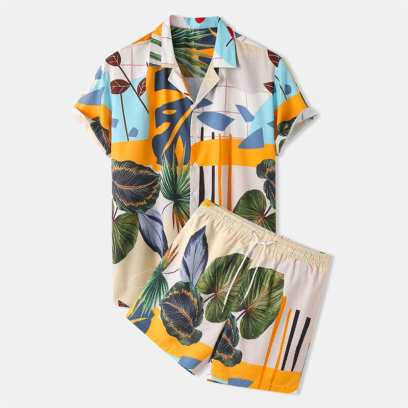 Herren Freizeit Hemd und Shorts Set mit farbenfrohem Pflanzenmuster Shopnory