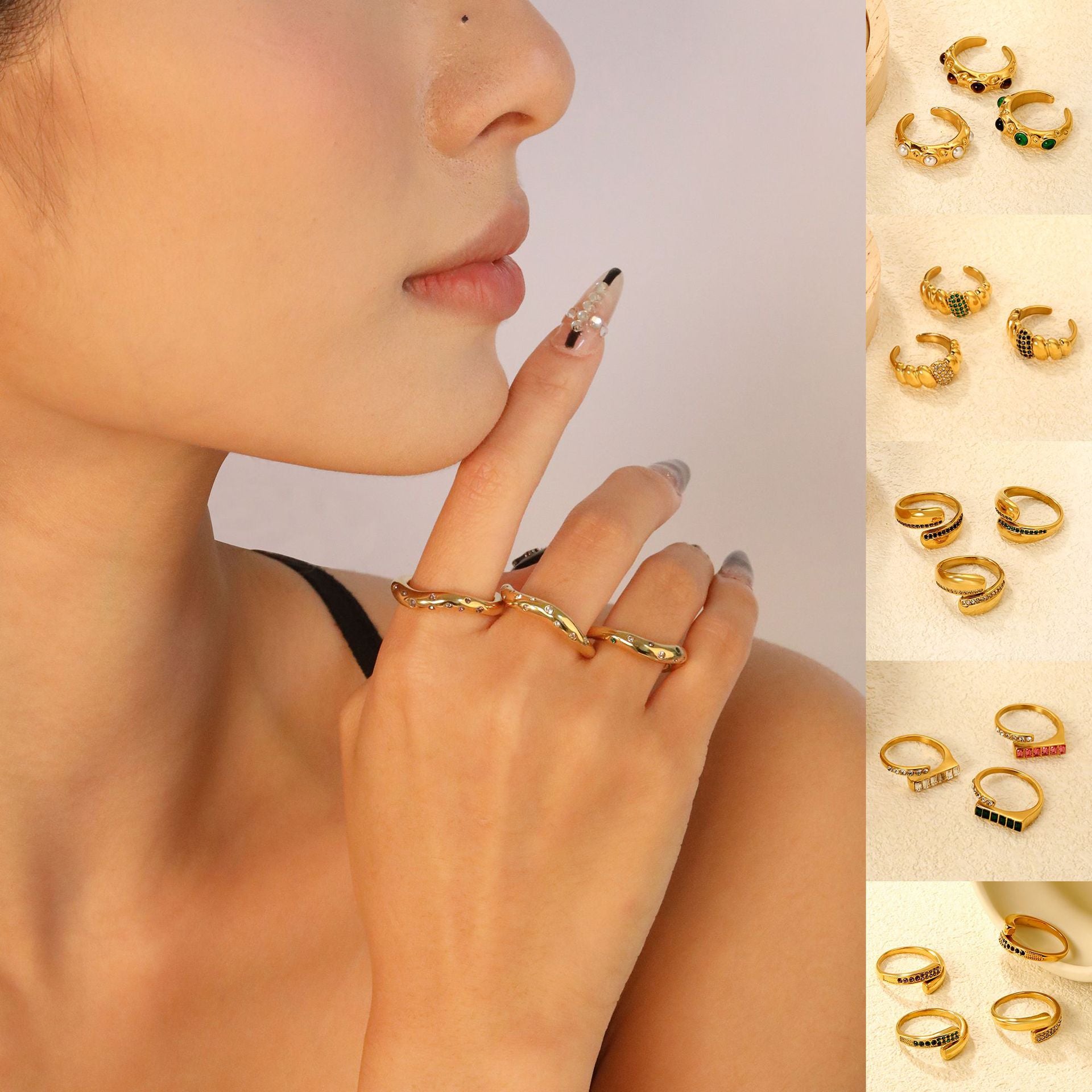 Damen Verstellbarer Ring mit glitzernden Zirkonia und modernen Grüntönen Shop Nory