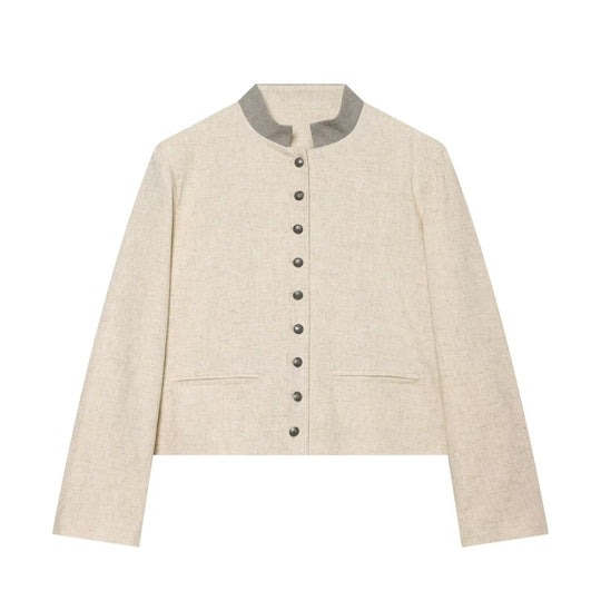 Damen Cropped Jacke im Boxy‑Schnitt mit kurzem Stehkragen und Zierknopfleiste Shop Nory