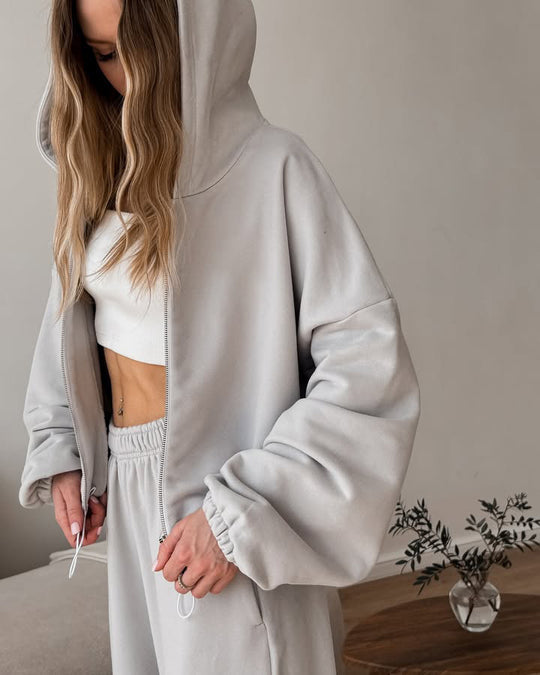 Damen oversized Kapuzenjacke mit Reißverschluss und weiten Jogginghose Lounge-Set Shop Nory