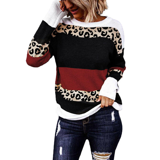 Damen Gestreiftes Langarm-Strickshirt mit Leoprint-Einsätzen und Rundhalsausschnitt Shop Nory