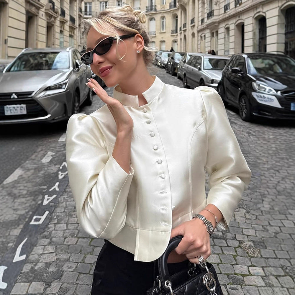 Damen Taillierte Satin-Bolerojacke mit Stehkragen & betonten Puffärmeln Shop Nory