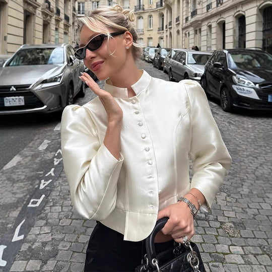 Damen Taillierte Satin-Bolerojacke mit Stehkragen & betonten Puffärmeln Shop Nory