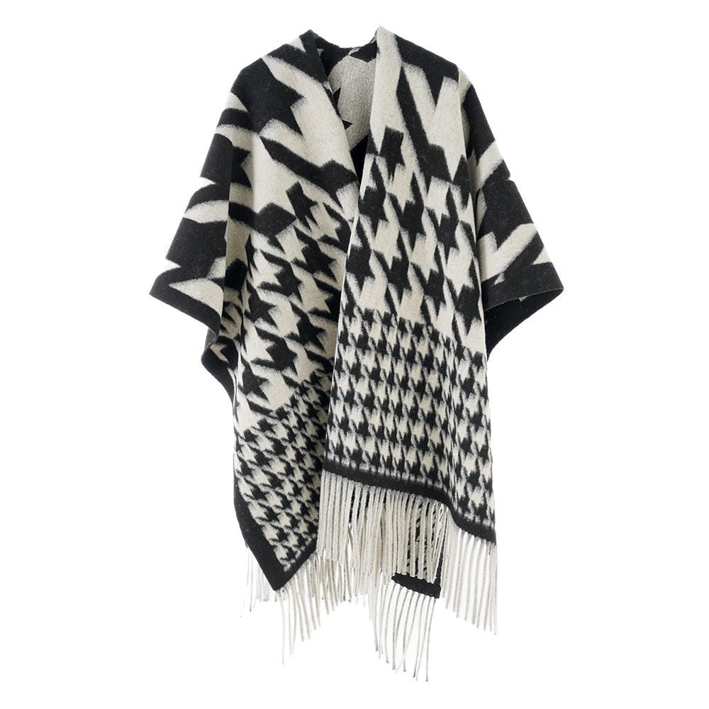 Damen Wollmix-Poncho mit Hahnentritt-Muster und Fransensaum Shop Nory