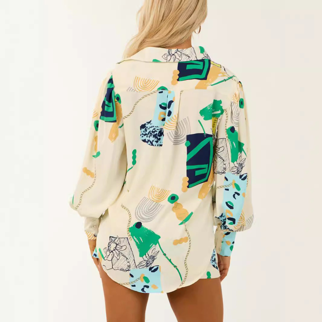 Damen Oversized-Hemdbluse mit grafischem Allover-Print, Brusttaschen und Ballonärmeln Shop Nory