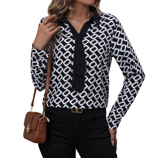 Damen Gemusterte Chiffon-Bluse mit Krawatten-Detail und geometrischem Print Shop Nory