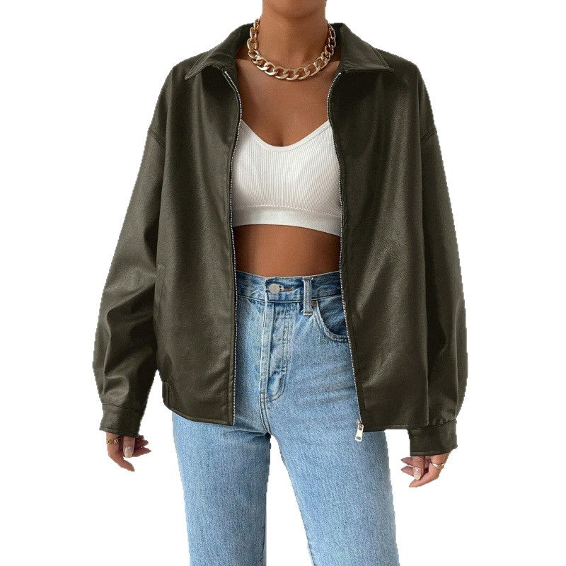 Damen Oversized Kunstleder-Blouson mit Reißverschluss und Hemdkragen Shop Nory