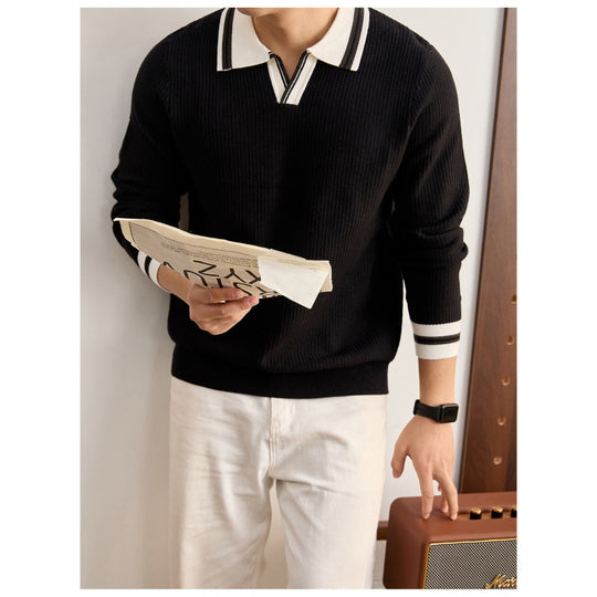 Herren Feinstrick-Polo mit V-Ausschnitt, gerippter Struktur und kontrastierenden Bündchen Shop Nory