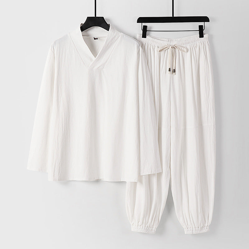 Herren Lockeres Leinen-Loungewear-Set mit V-Ausschnitt elastischem Bund und gerafften Knöcheln Shop Nory