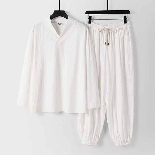 Herren Lockeres Leinen-Loungewear-Set mit V-Ausschnitt elastischem Bund und gerafften Knöcheln Shop Nory