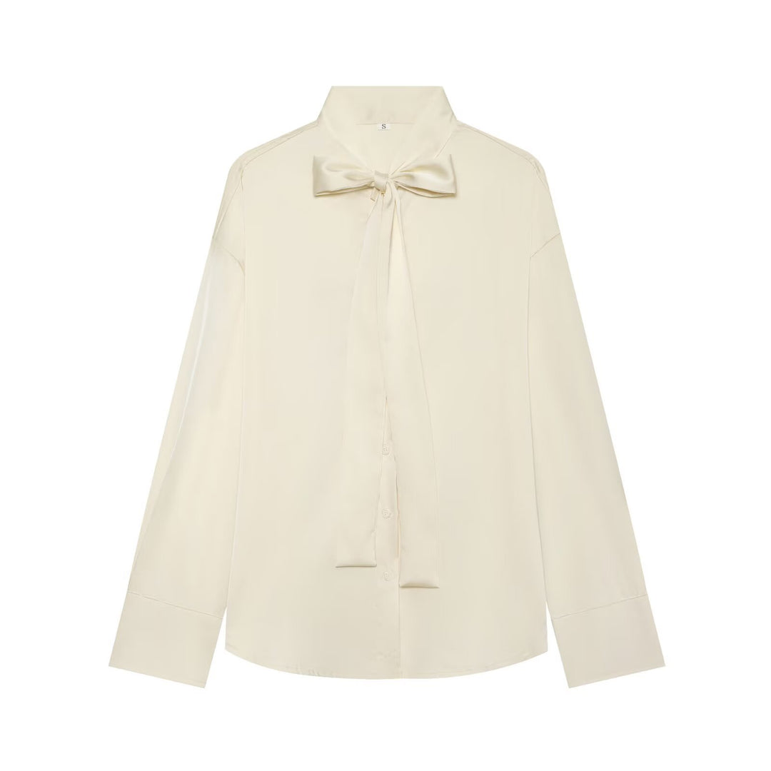 Damen Seidenähnliche Bluse mit Bindeschleife, Oversize-Schnitt und verdeckter Knopfleiste Shop Nory