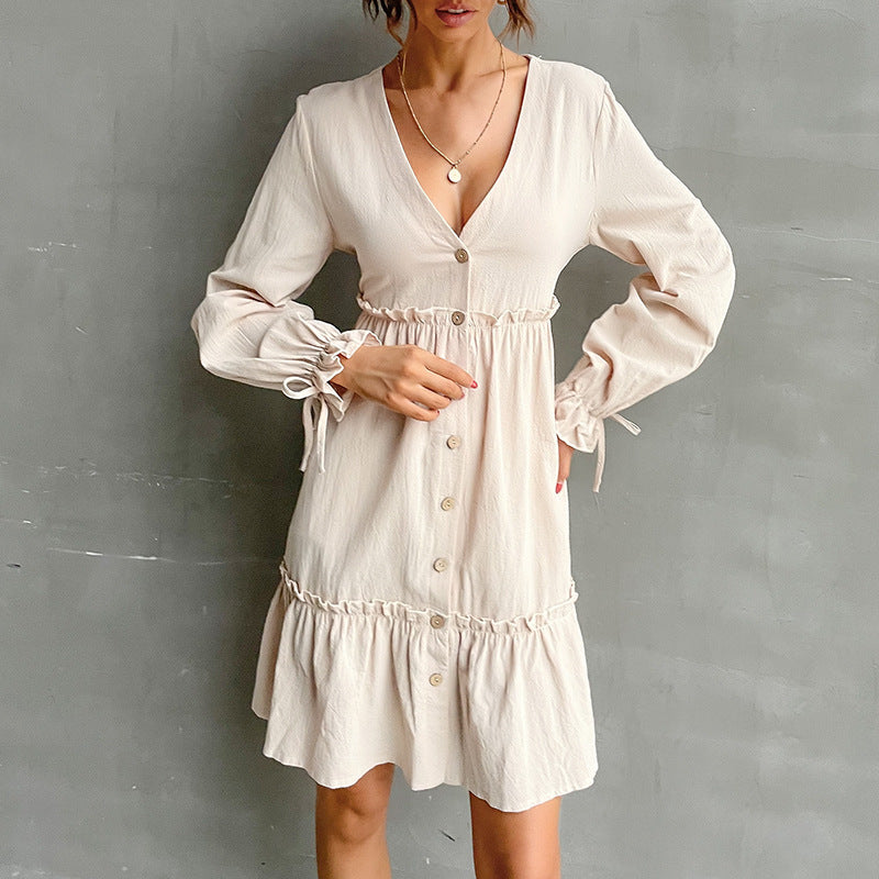 Damen Button-Midikleid mit V-Ausschnitt, Rüschen-Taille und Bindärmeln Shop Nory