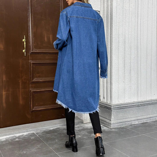 Damen Oversize Denim-Hemdjacke im Longline-Schnitt mit ausgefranstem Saum Shop Nory