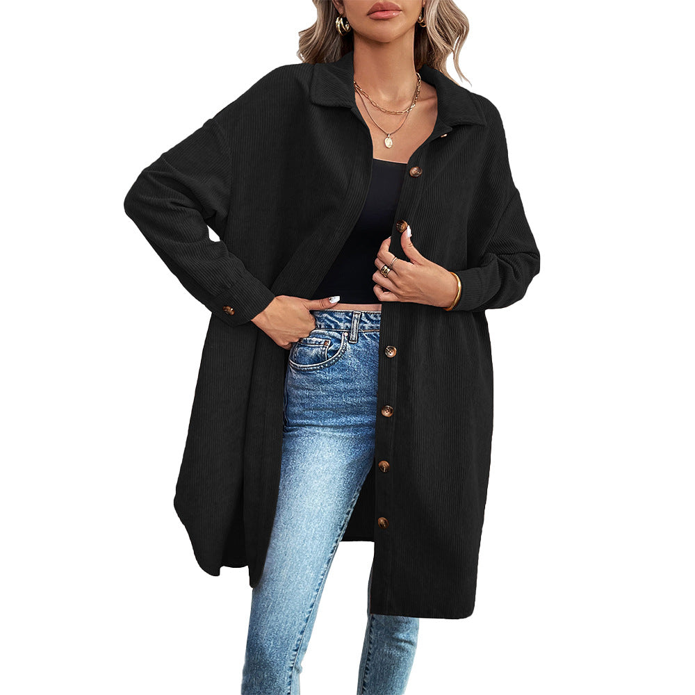Damen lange Oversize-Cord-Hemdjacke mit durchgehender Knopfleiste und Hemdblusen-Kragen Shop Nory