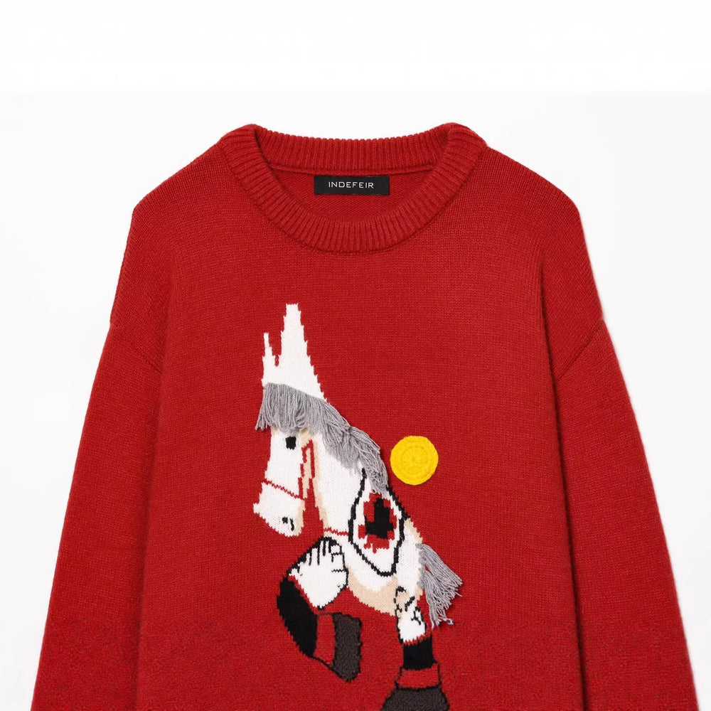 Damen Strickpullover mit Pferde-Motiv und Fransenapplikation, Oversize-Rundhals Shop Nory