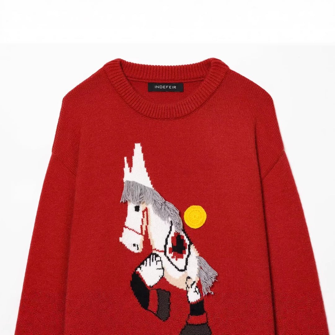 Damen Strickpullover mit Pferde-Motiv und Fransenapplikation, Oversize-Rundhals Shop Nory