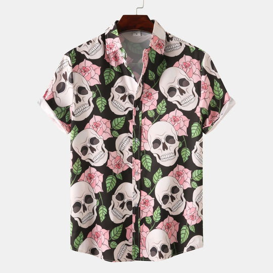 Herren Kurzarmhemd mit kreativem Totenkopf- und Blumenmuster 1757487585