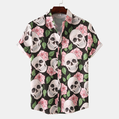 Herren Kurzarmhemd mit kreativem Totenkopf- und Blumenmuster 1757487585