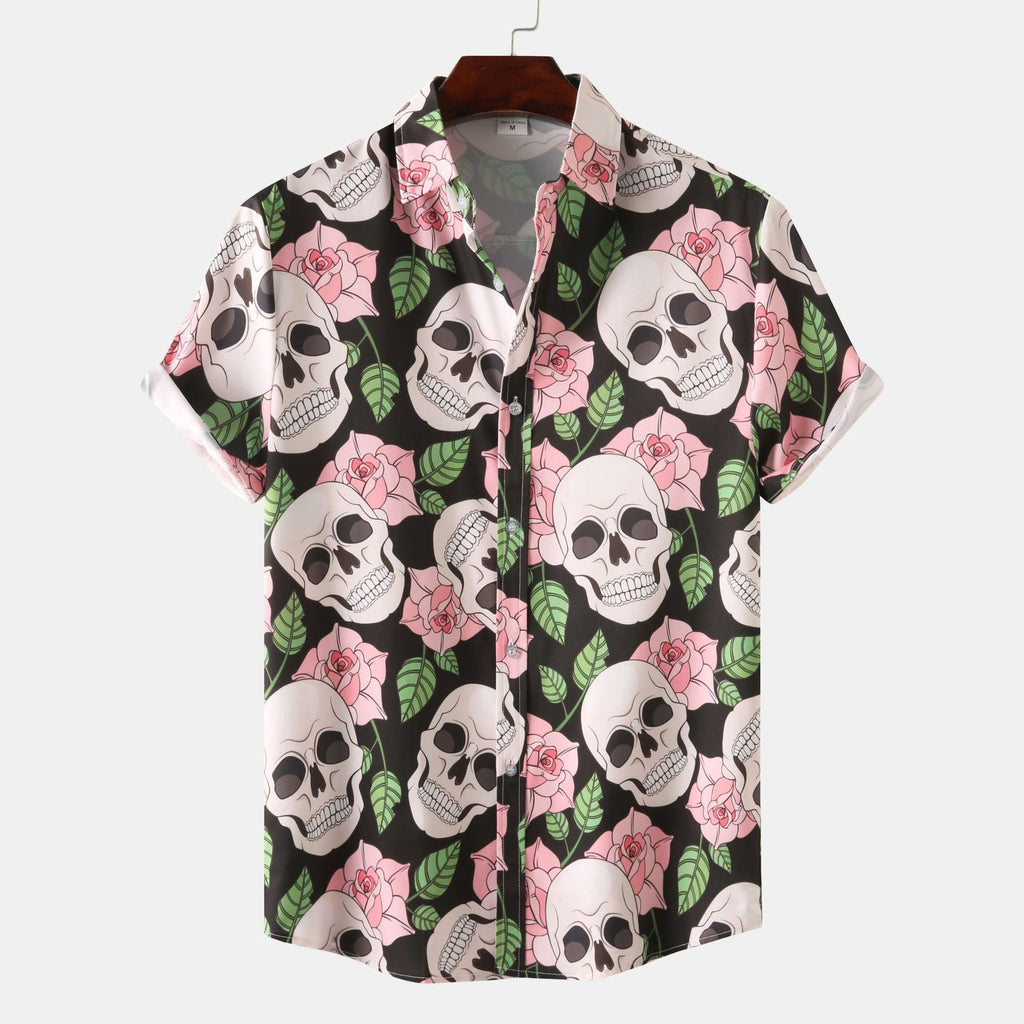 Herren Kurzarmhemd mit kreativem Totenkopf- und Blumenmuster