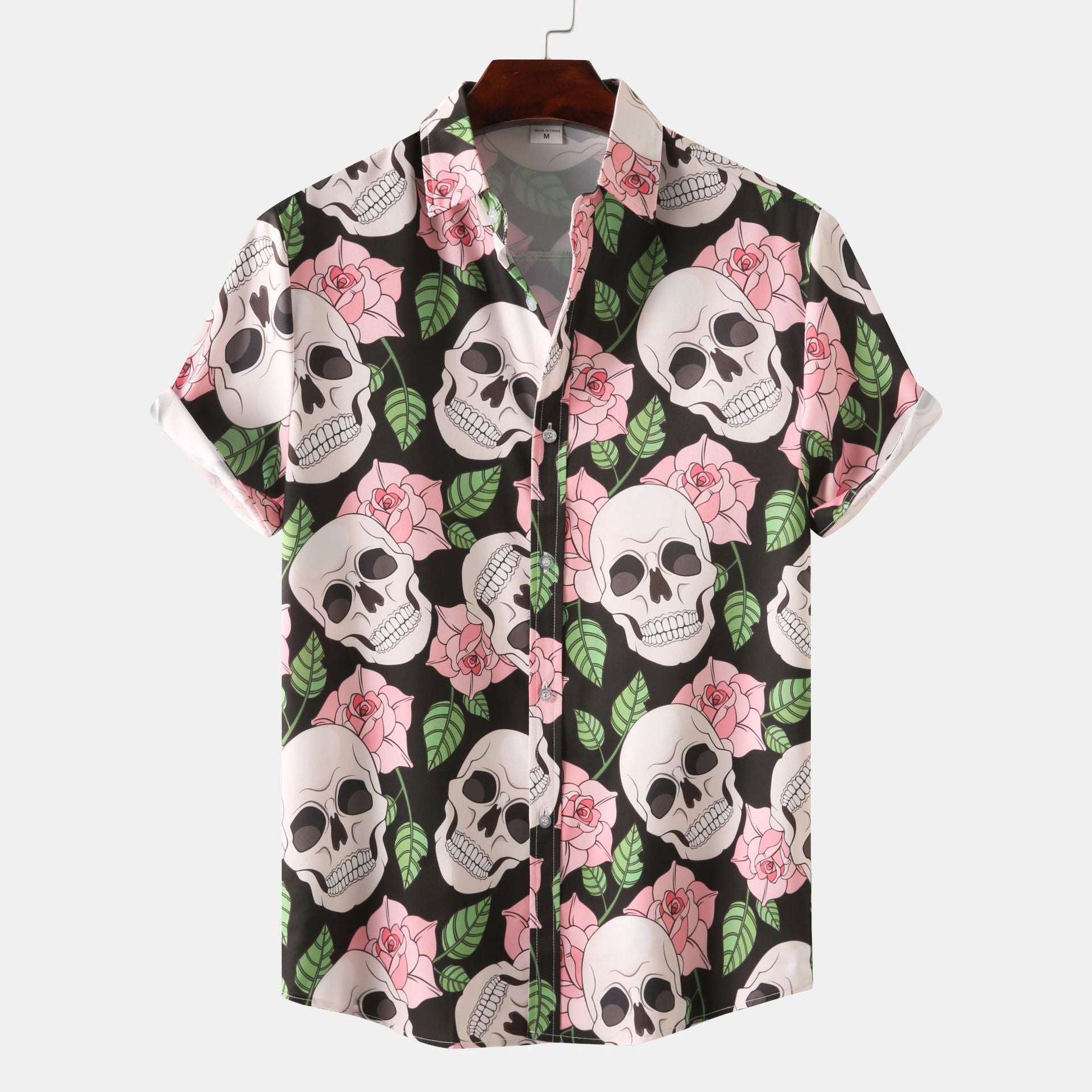 Herren Kurzarmhemd mit kreativem Totenkopf- und Blumenmuster