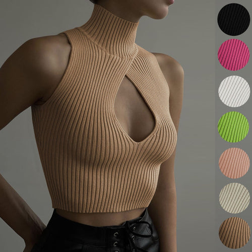 Damen Crop-Top mit hohem Kragen und tiefem Ausschnitt