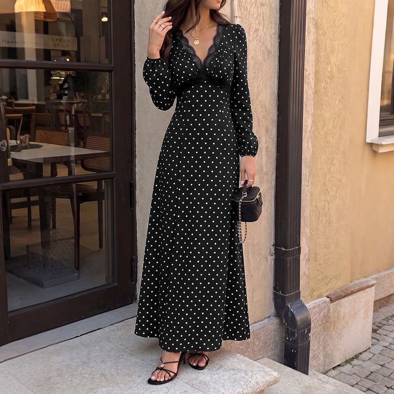 Damen Polka‑Dot Maxikleid mit Spitzen‑V-Ausschnitt, Empire‑Taillenlinie und langem Fließrock Shop Nory