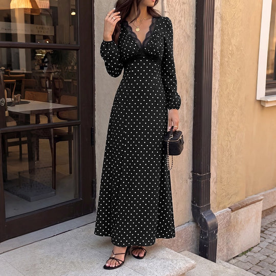 Damen Polka‑Dot Maxikleid mit Spitzen‑V-Ausschnitt, Empire‑Taillenlinie und langem Fließrock Shop Nory