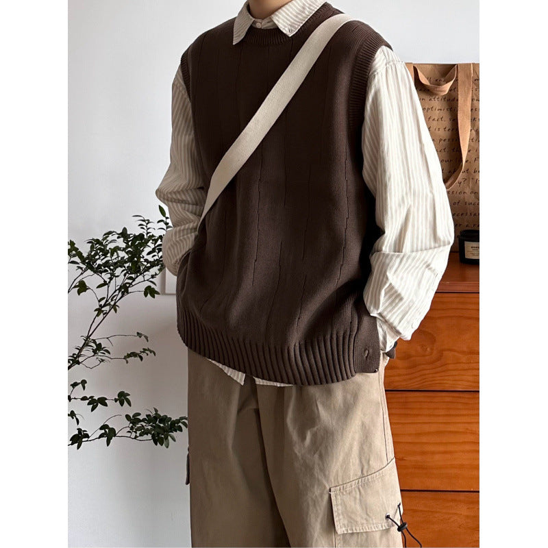 Herren Oversized Ärmellose Strickweste mit geripptem Saum und Rundhalsausschnitt Shop Nory