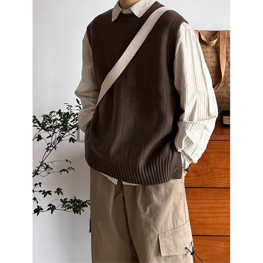 Herren Oversized Ärmellose Strickweste mit geripptem Saum und Rundhalsausschnitt Shop Nory