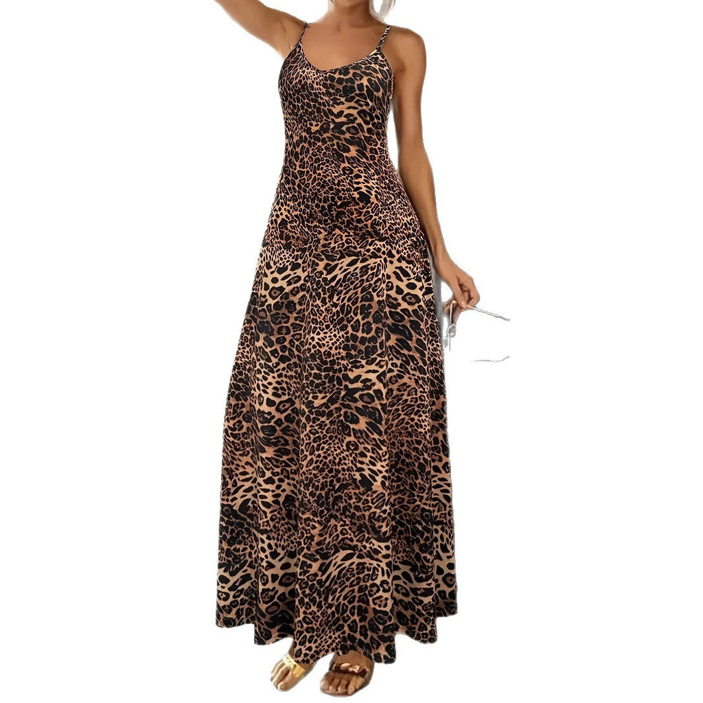 Damen Maxikleid mit Spaghetti-Trägern und asymmetrischem Tiermuster