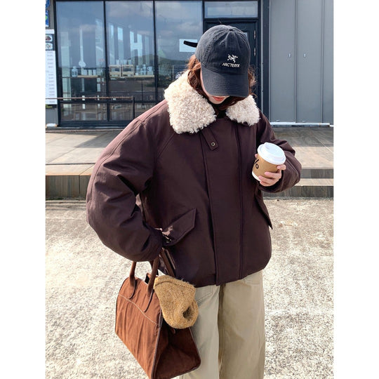 Damen Oversize-Kurzjacke mit Teddykragen und Pattentaschen Shop Nory