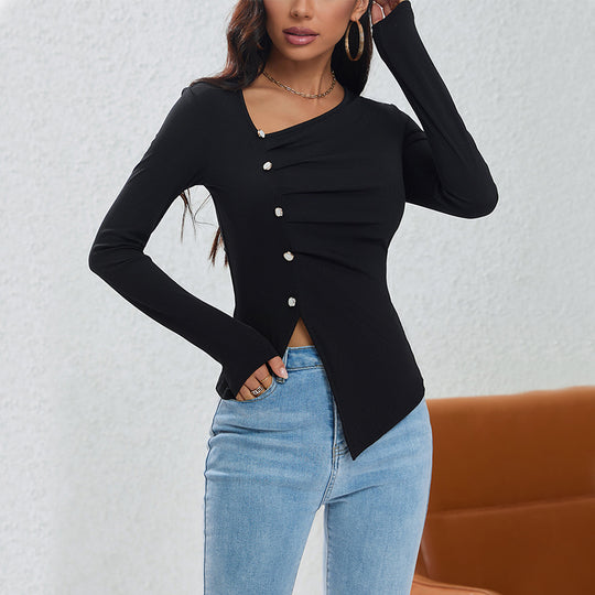 Damen asymmetrisches geripptes Longsleeve mit Diagonalknopfleiste und spitzem Saum Shop Nory