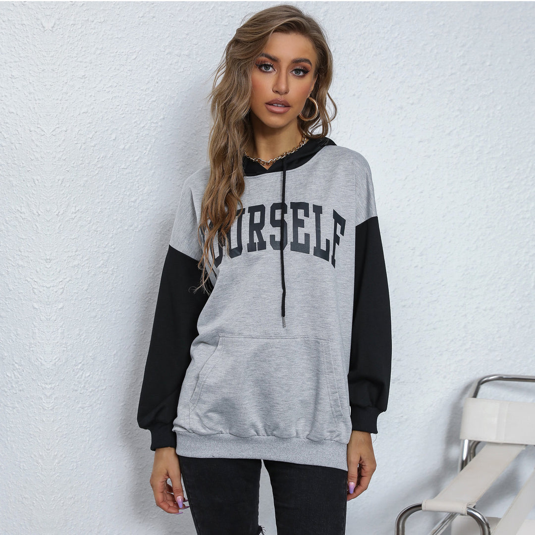 Damen Oversize-Kapuzenpullover mit College-Print, Kängurutasche und Kontrastärmeln Shop Nory
