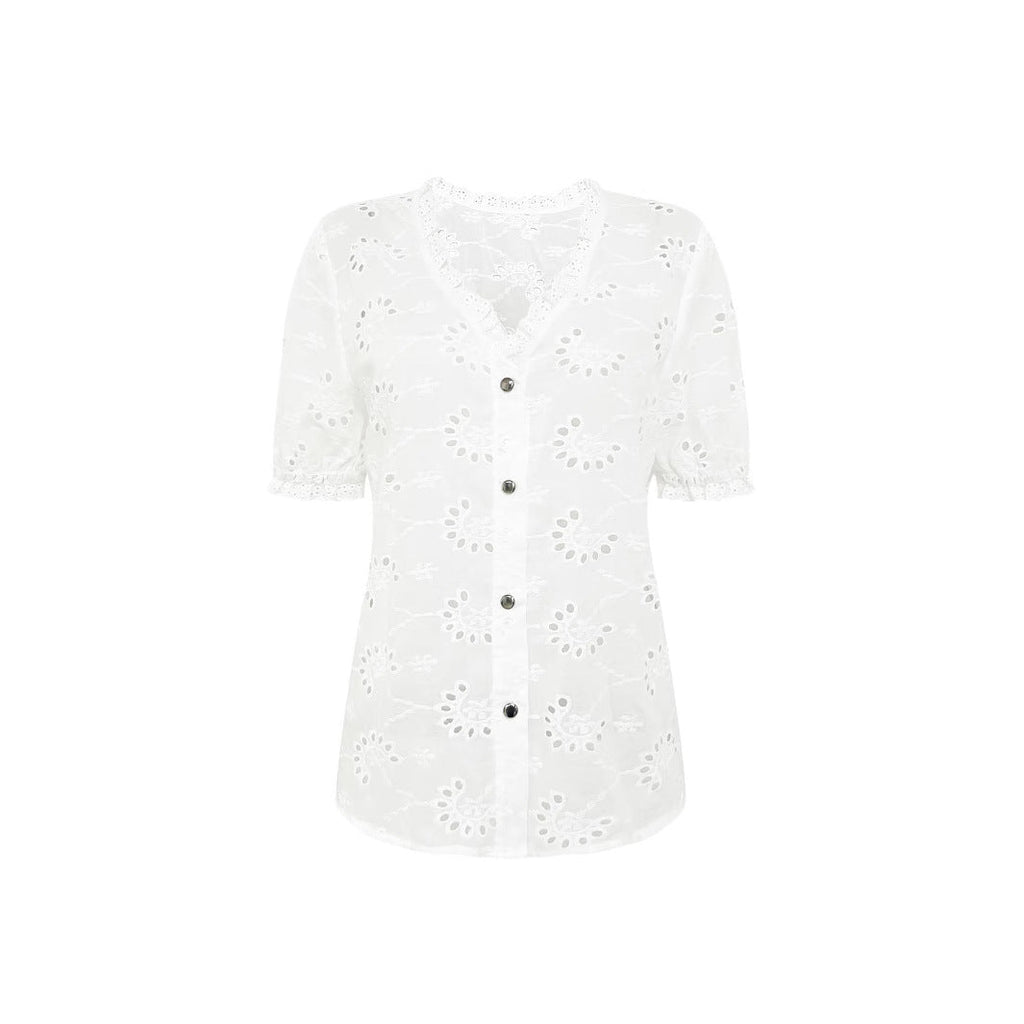 Damen luftiges Blusenshirt mit kunstvollen Lochmustern und Knopfdetails