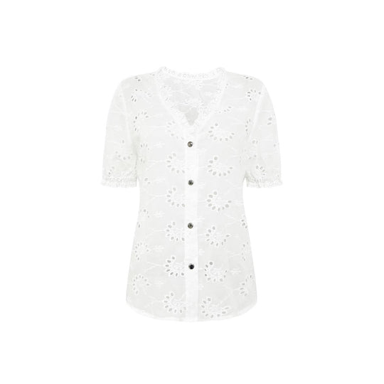 Damen luftiges Blusenshirt mit kunstvollen Lochmustern und Knopfdetails