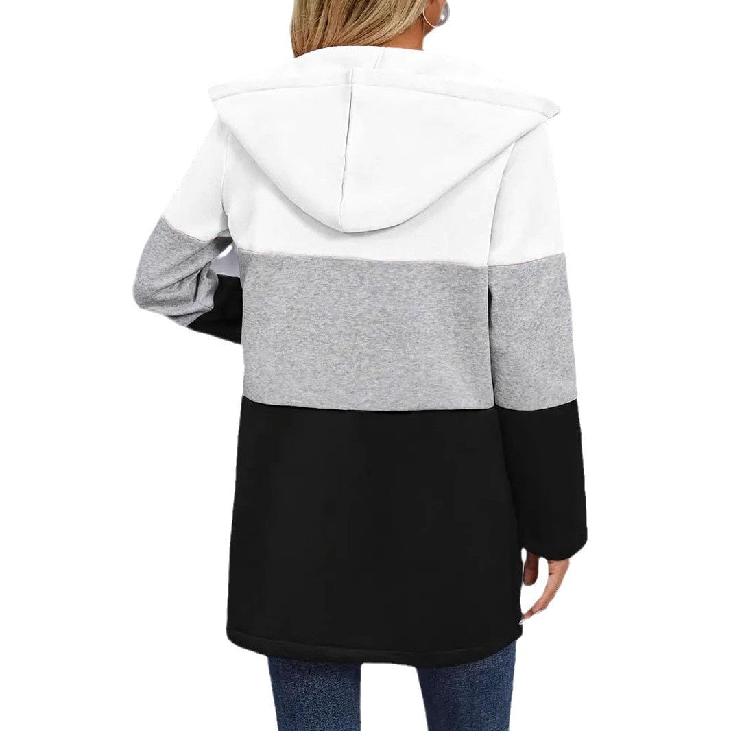 Damen Kapuzen-Farbblock-Mantel mit durchgehendem Reißverschluss, oversized Schnitt und mittellanger Silhouette Shop Nory