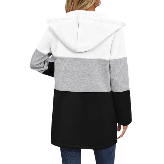 Damen Kapuzen-Farbblock-Mantel mit durchgehendem Reißverschluss, oversized Schnitt und mittellanger Silhouette Shop Nory