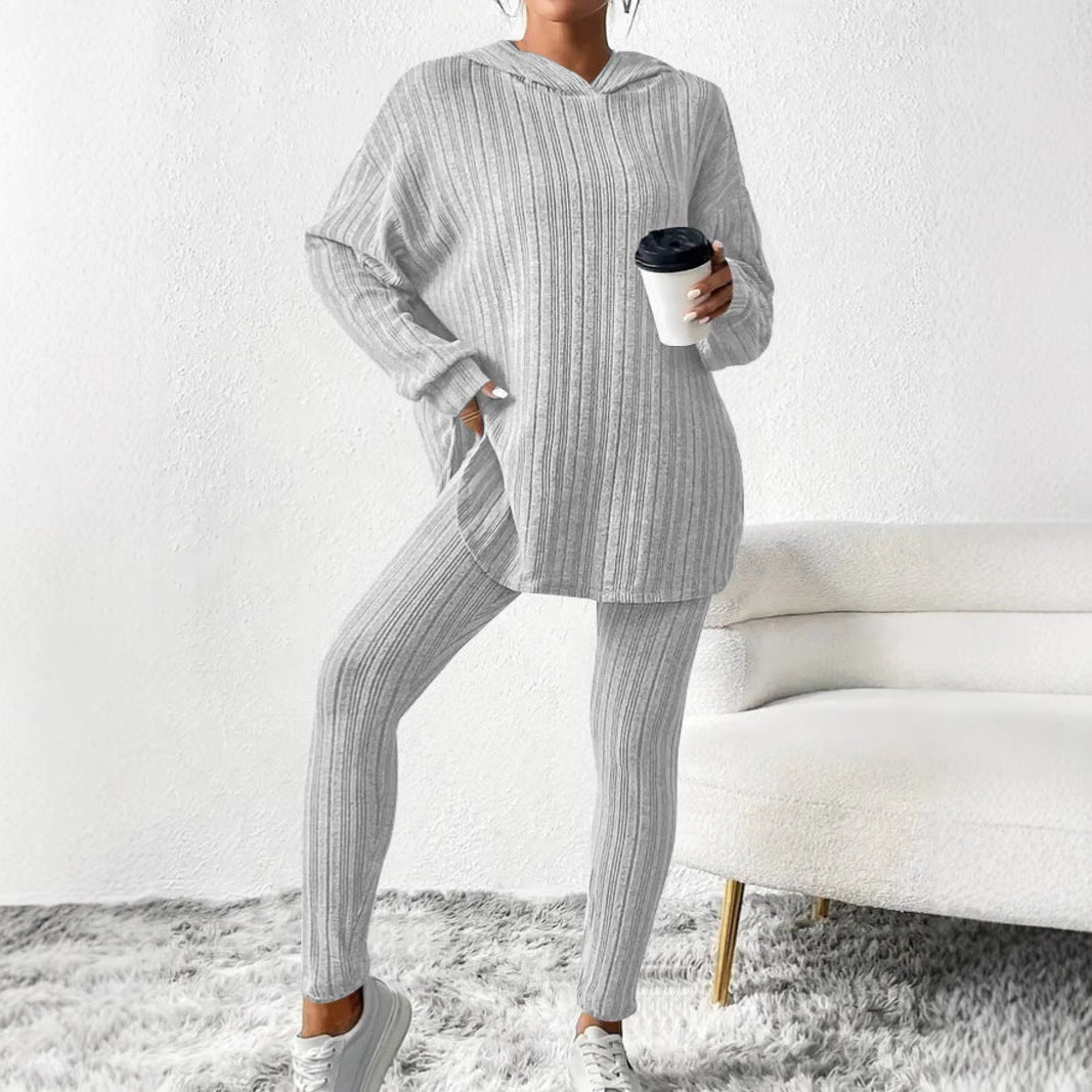 Damen Geripptes Feinstrick‑Loungewear‑Set mit Kapuzenpullover und hochtaillierten Leggings Shop Nory
