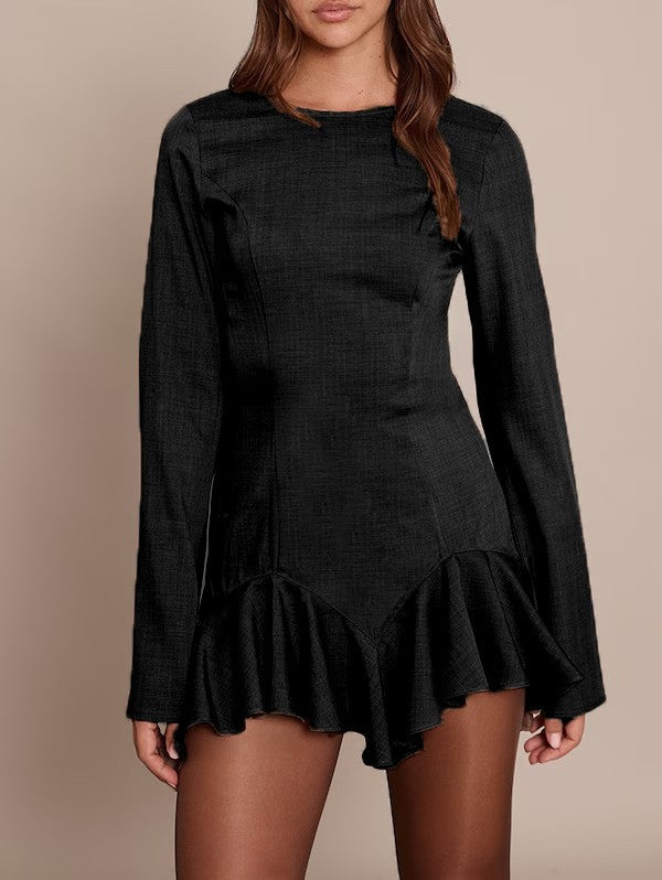 Damen Figurbetontes Langarm-Minikleid mit taillierten Nähten und Volant-Saum Shop Nory