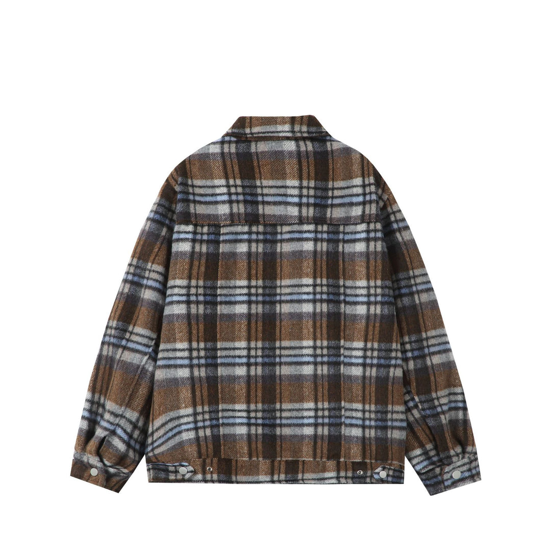 Damen Kurz geschnittene karierte Overshirt‑Jacke aus Wollmix mit Druckknopf‑Front und Pattentaschen Shop Nory