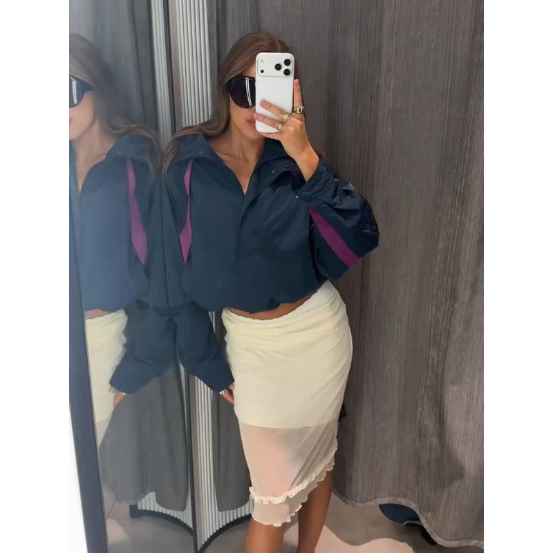 Damen Leichte Oversize Windjacke mit hohem Stehkragen und Kontraststreifen Shop Nory