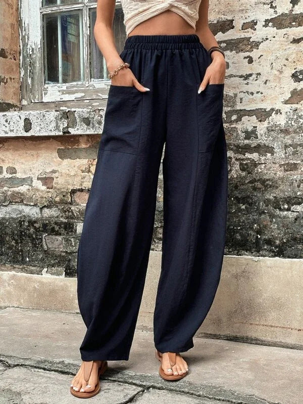 Damen Weite Leinen-Relaxhose mit praktischen Eingrifftaschen